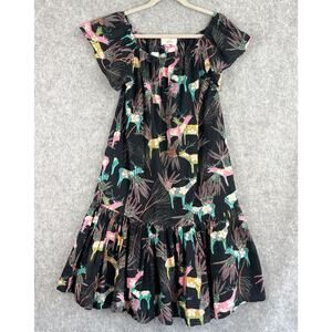 Soler Dress Womens Small Animal Floral Print Tiered Ruffle Cotton Metallic Artsy